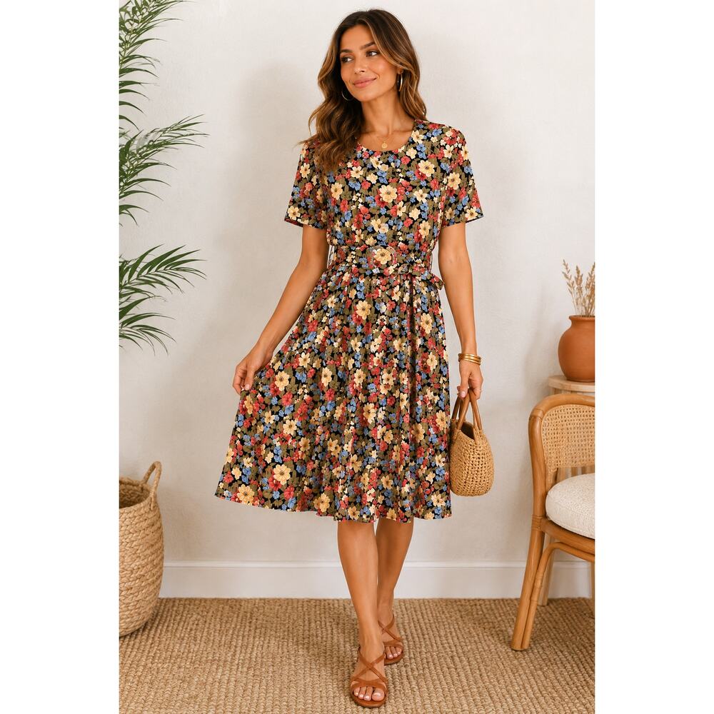 Vintage E.D. Michaels Floral Midi Dress Womens M Belted Pockets Retro
